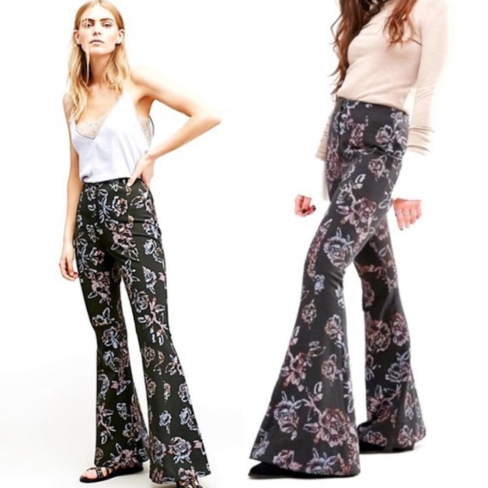 Free People Floral Print High Rise Stretch Flare Pants Size 4